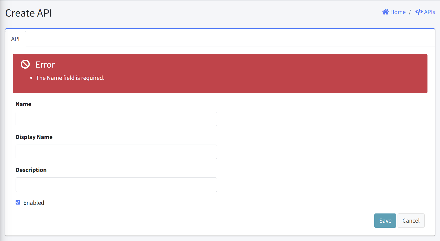 Create API required error
