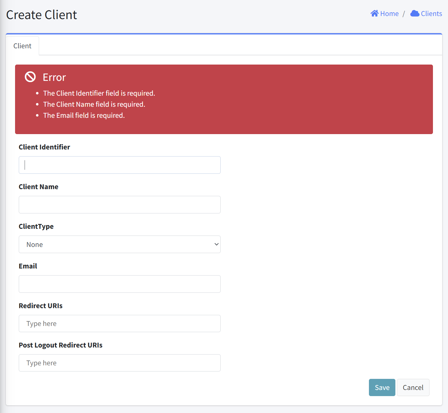 Create client required error
