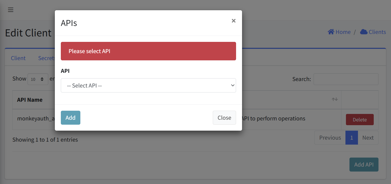 Add API required error