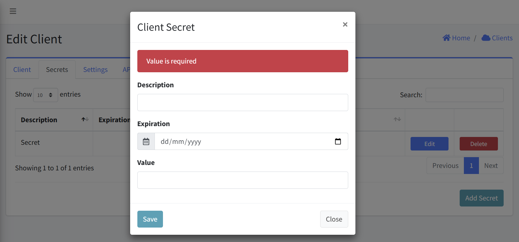 Create Secret required error