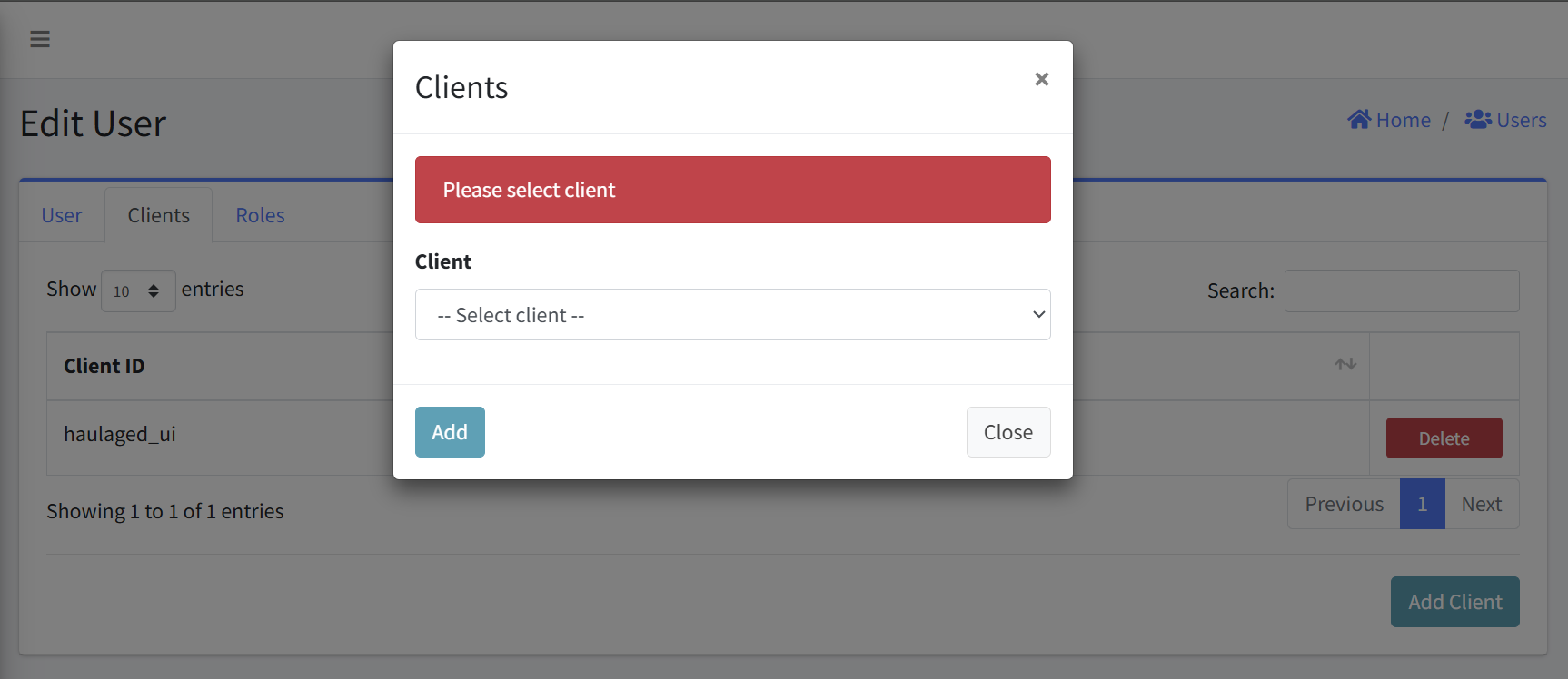 Add Client required error
