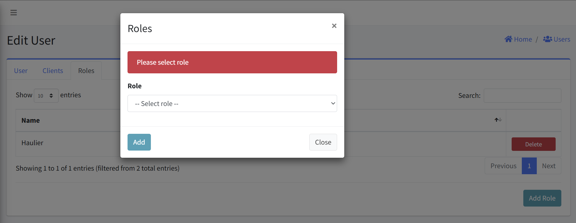 Add Role required error